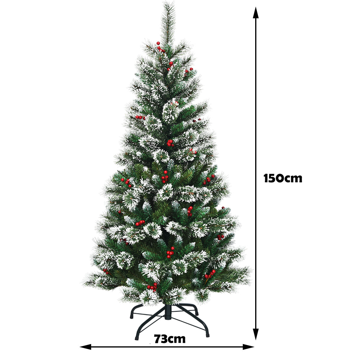 Konstgjord – julgran med snöflingor röda bär och kottar – 150 cm – Grön och vit