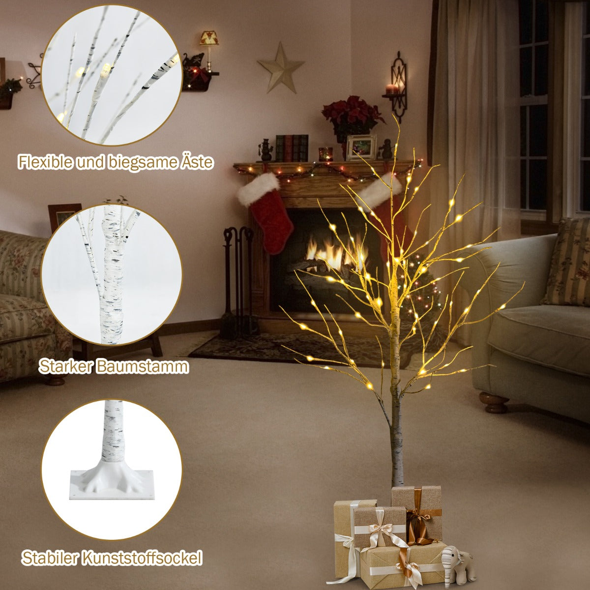 Upplyst – konstgjord björk med varma vita LED lampor – 48 120 cm – Vit
