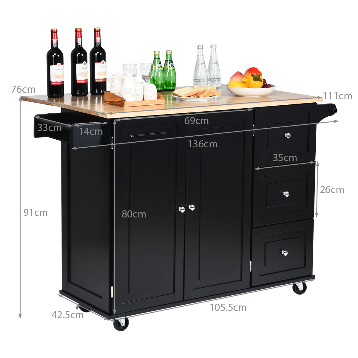 Rullbar – köksvagn med hopfällbar arbetsyta köksö – 136 x 76 x 91 cm – Svart