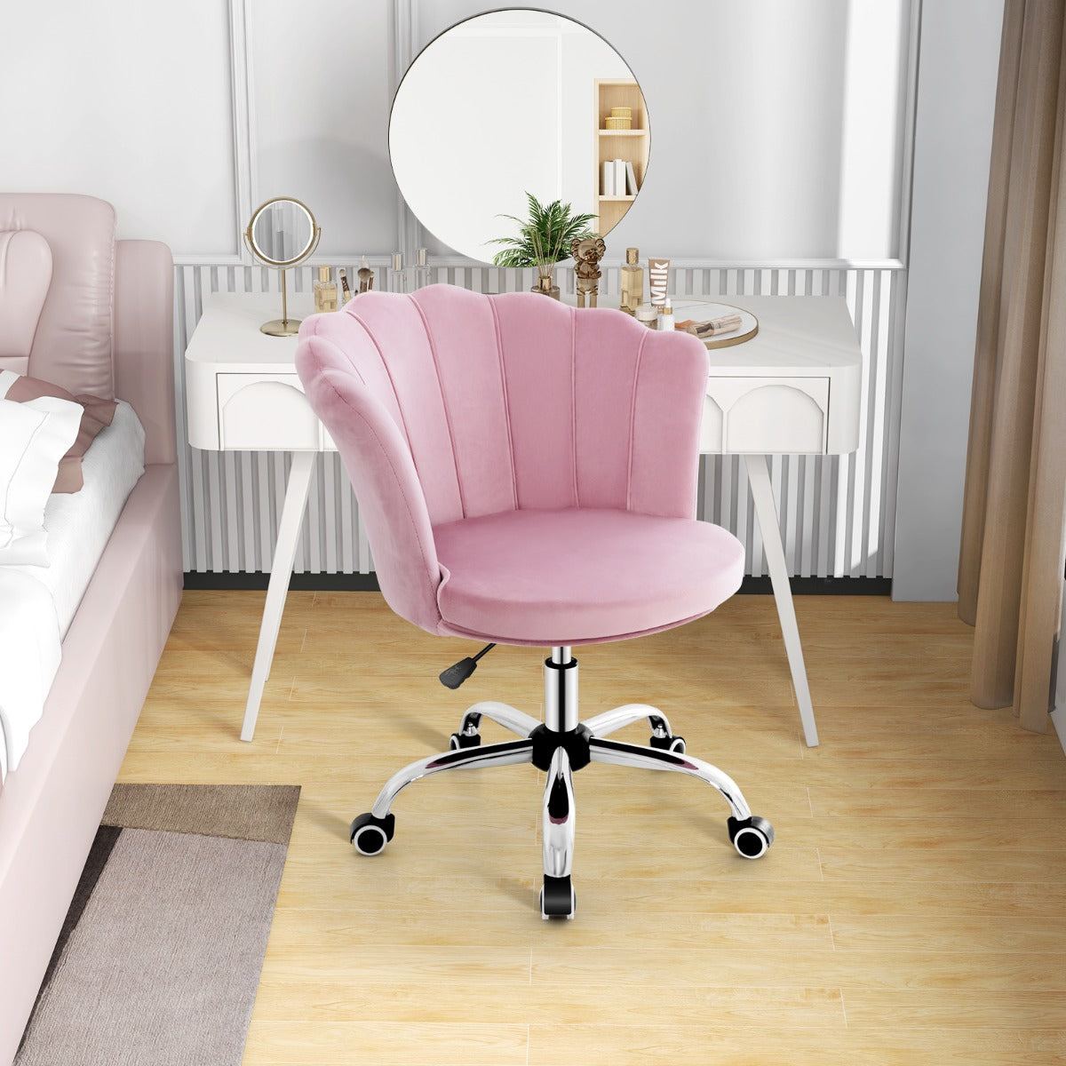 Höjdjusterbar – kontorsstol i sammet med hjul och ergonomisk design datorstol – Rosa