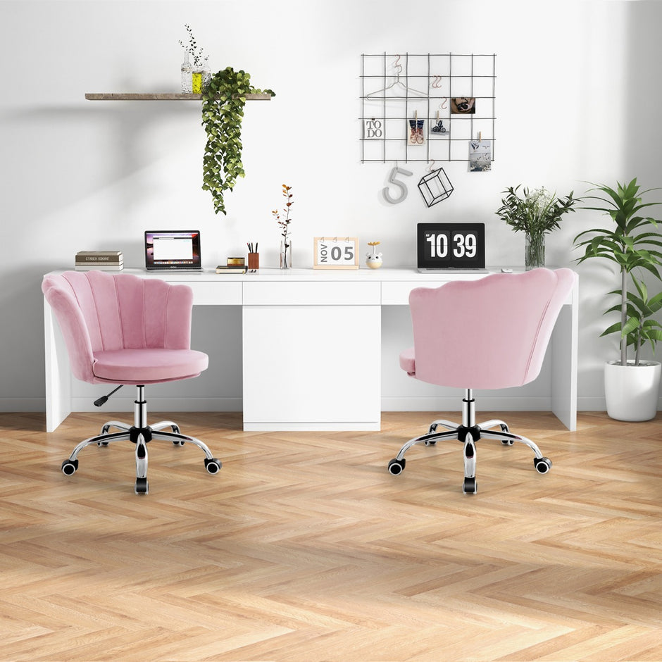 Höjdjusterbar – kontorsstol i sammet med hjul och ergonomisk design datorstol – Rosa