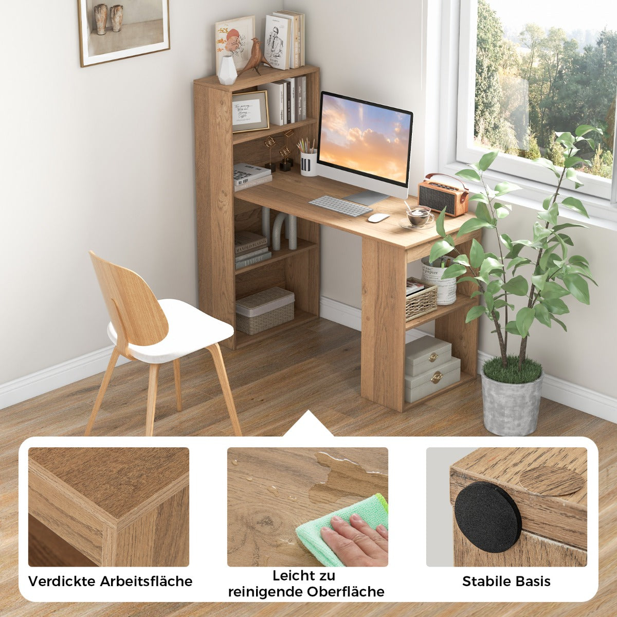 Skrivbord – med bokhylla Datorbord hyllor PC Kontorsbord naturell – 6 – Natur