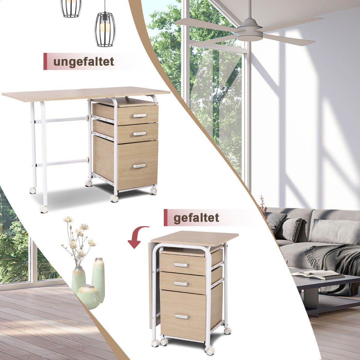Fällbart – datorbord med lådor Skrivbord – 3 105 x 50 x 75 cm – Natur