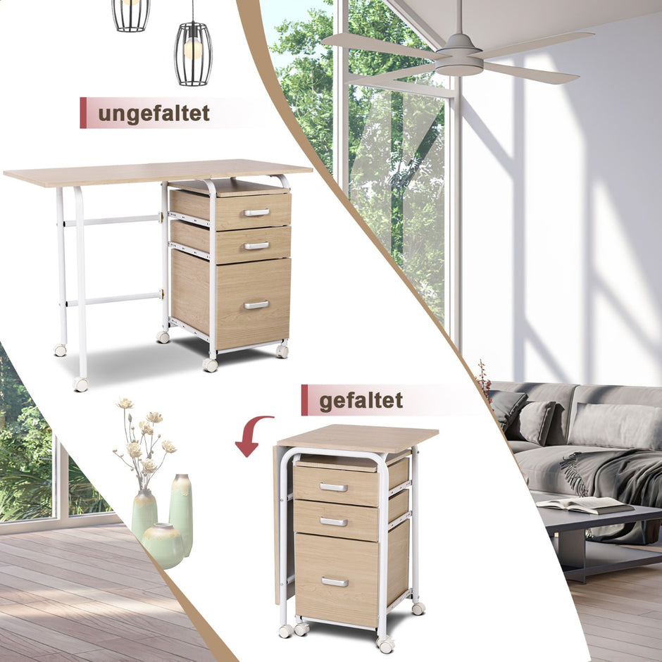 Fällbart – datorbord med lådor Skrivbord – 3 105 x 50 x 75 cm – Natur