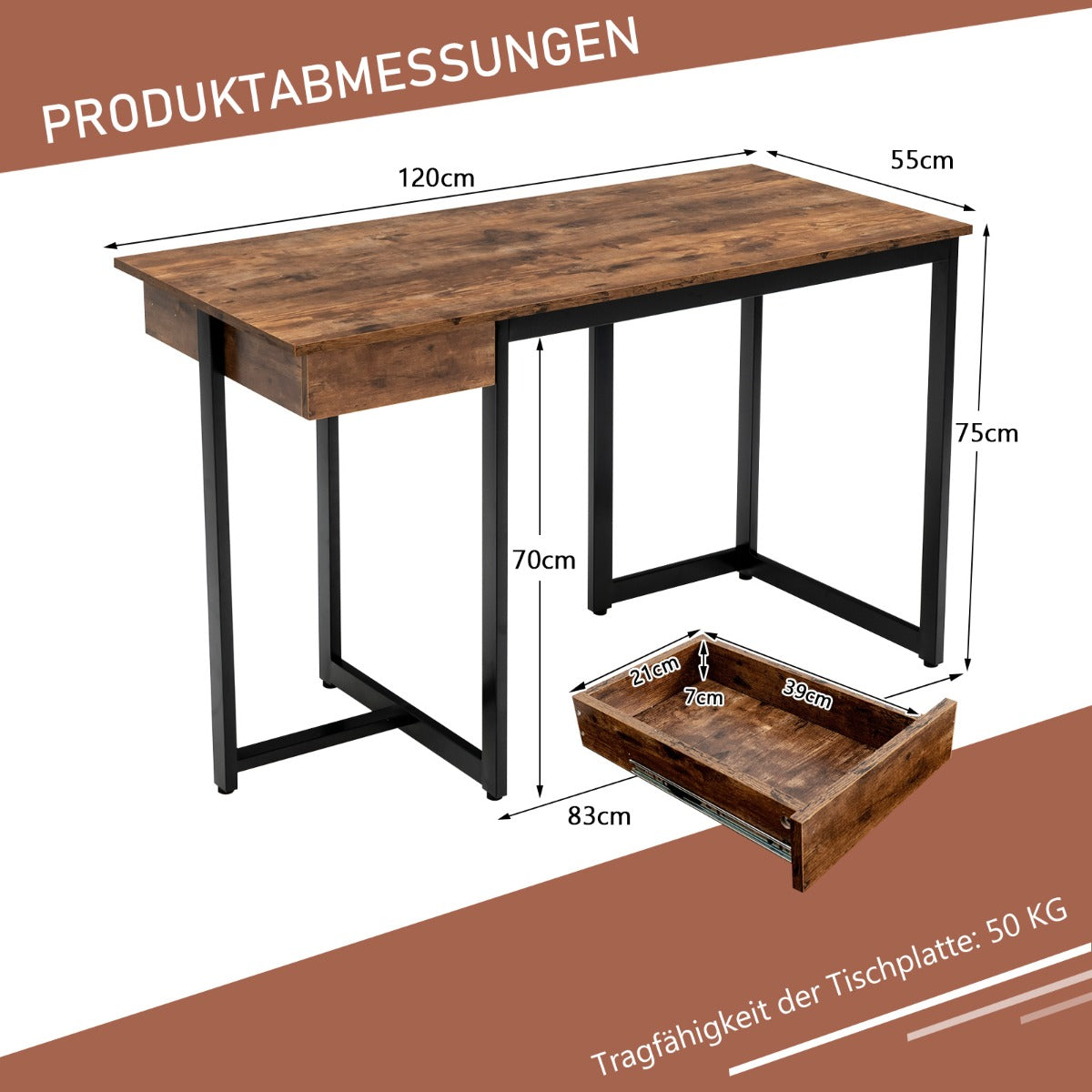Långt – datorbord med låda och justerbara kuddar datorskrivbord rustikt brunt – 120 cm – Rustik brun