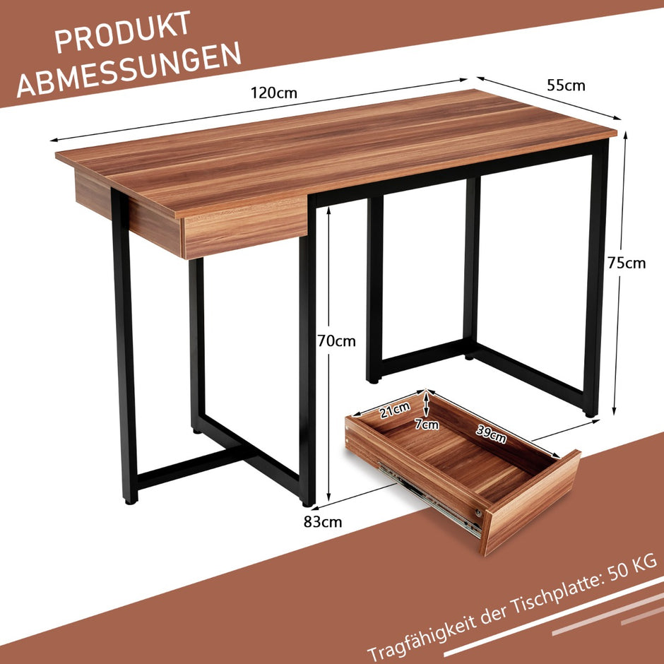Långt – datorbord med låda och justerbara kuddar – 120 cm – Valnöt