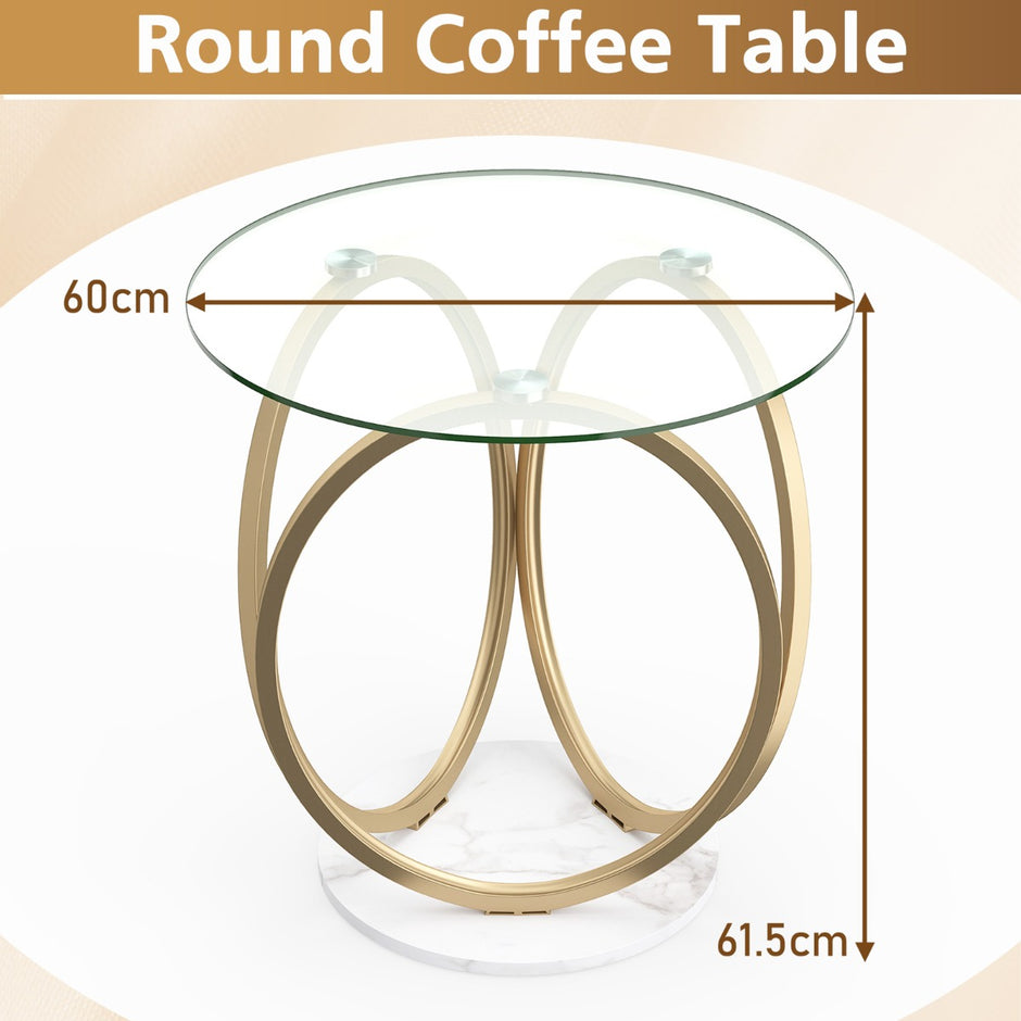 Minimalistisk – glasbord med geometrisk guldfärgad metallringsställ, modern soffbord – Guld