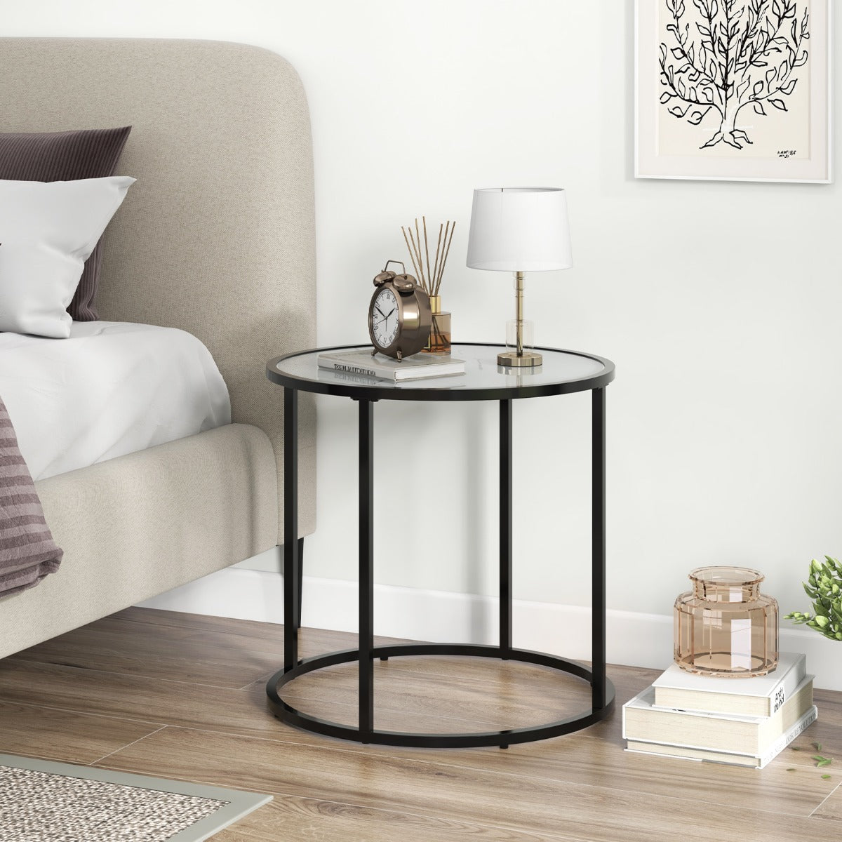 Runt – sidobord med skiva i marmorimitation av glas och soffbord justerbara fötter – Svart