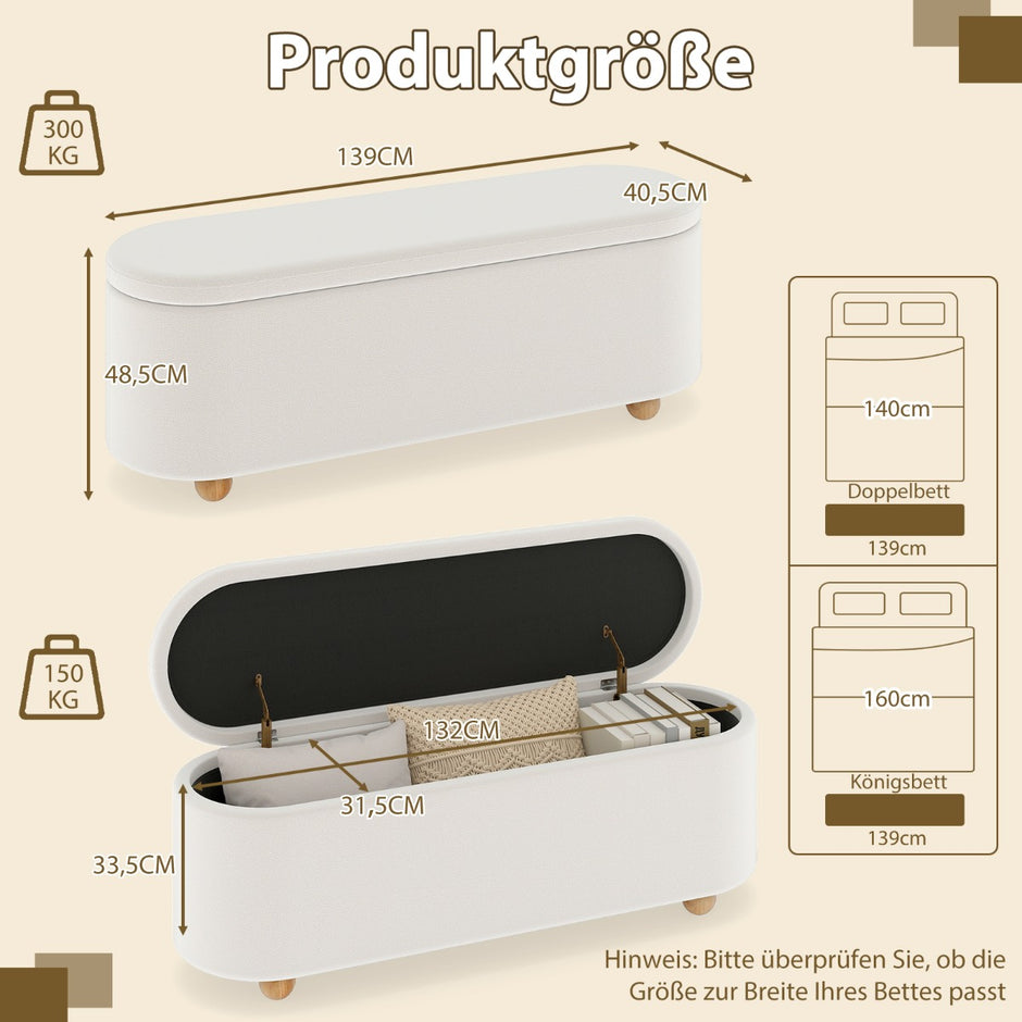 Oval – förvaringsbänk med lock Polstrad ottoman pall lång – 139 cm – Vit