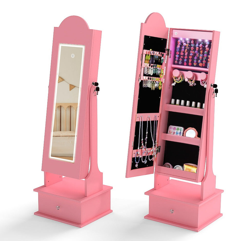 Barn – Smyckeskåp med Belysning Stående Smyckeorganizer Helkroppsspegel – Rosa