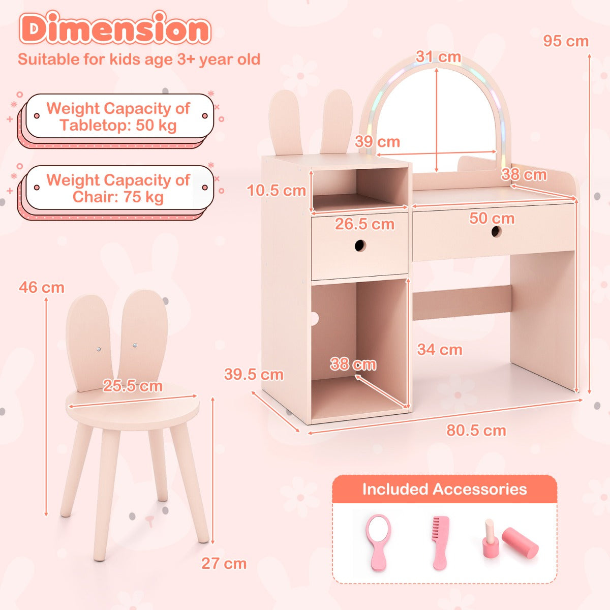 Sminkbord – för barn med belysning upplyst spegel öppna hyllor – Rosa