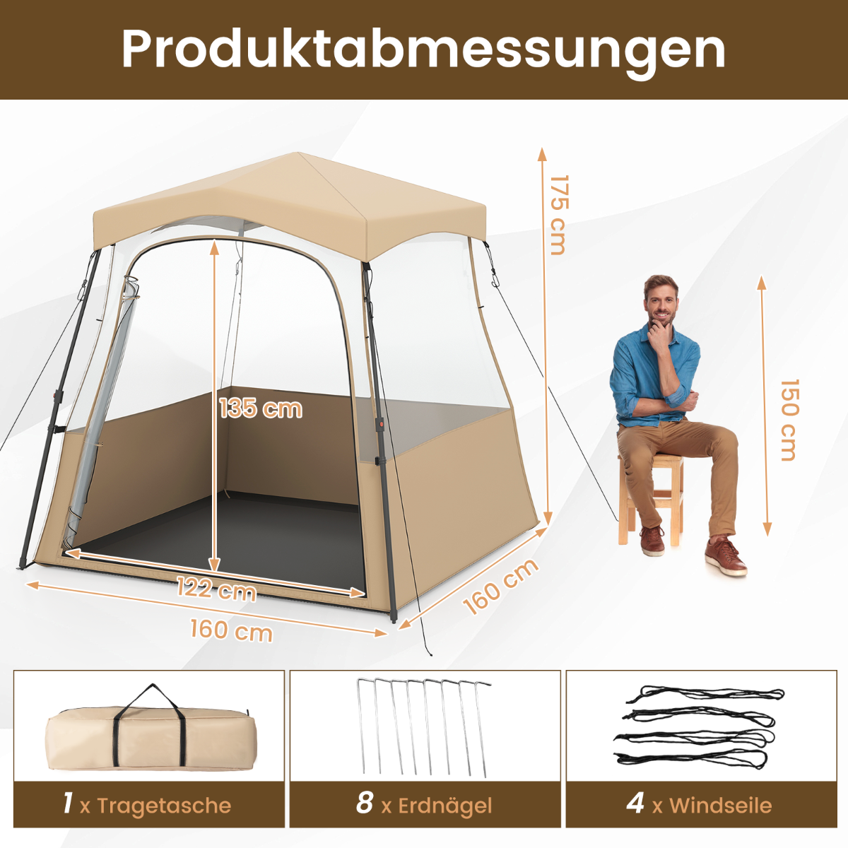 Genomskinligt – pop up sporttält, transparent campingtält, utomhus allvädersskydd med bärväska, – 160 x 160 x 176 cm – Brun