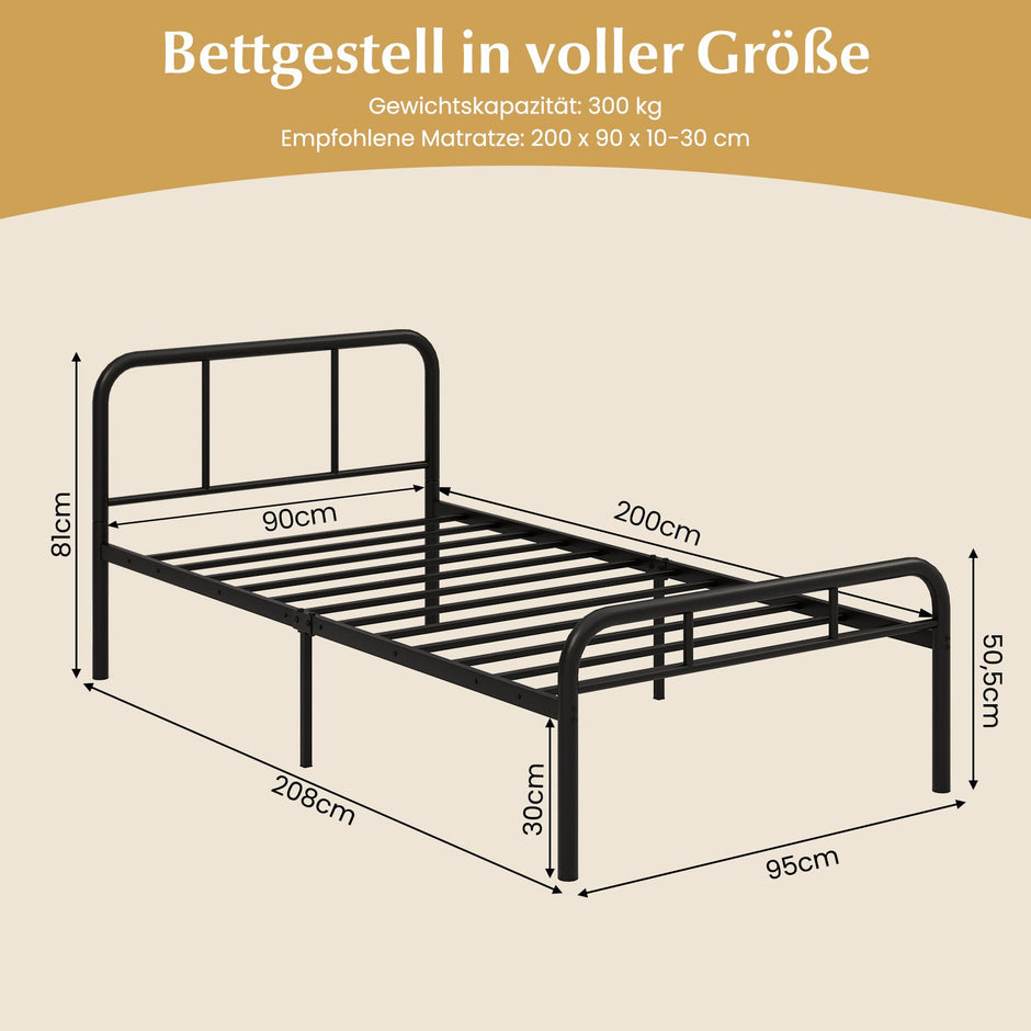 Enkeltsäng – med huvud och fotdel metallsäng sängram metallplattformssäng för madrass – 90 x 200 cm – Svart