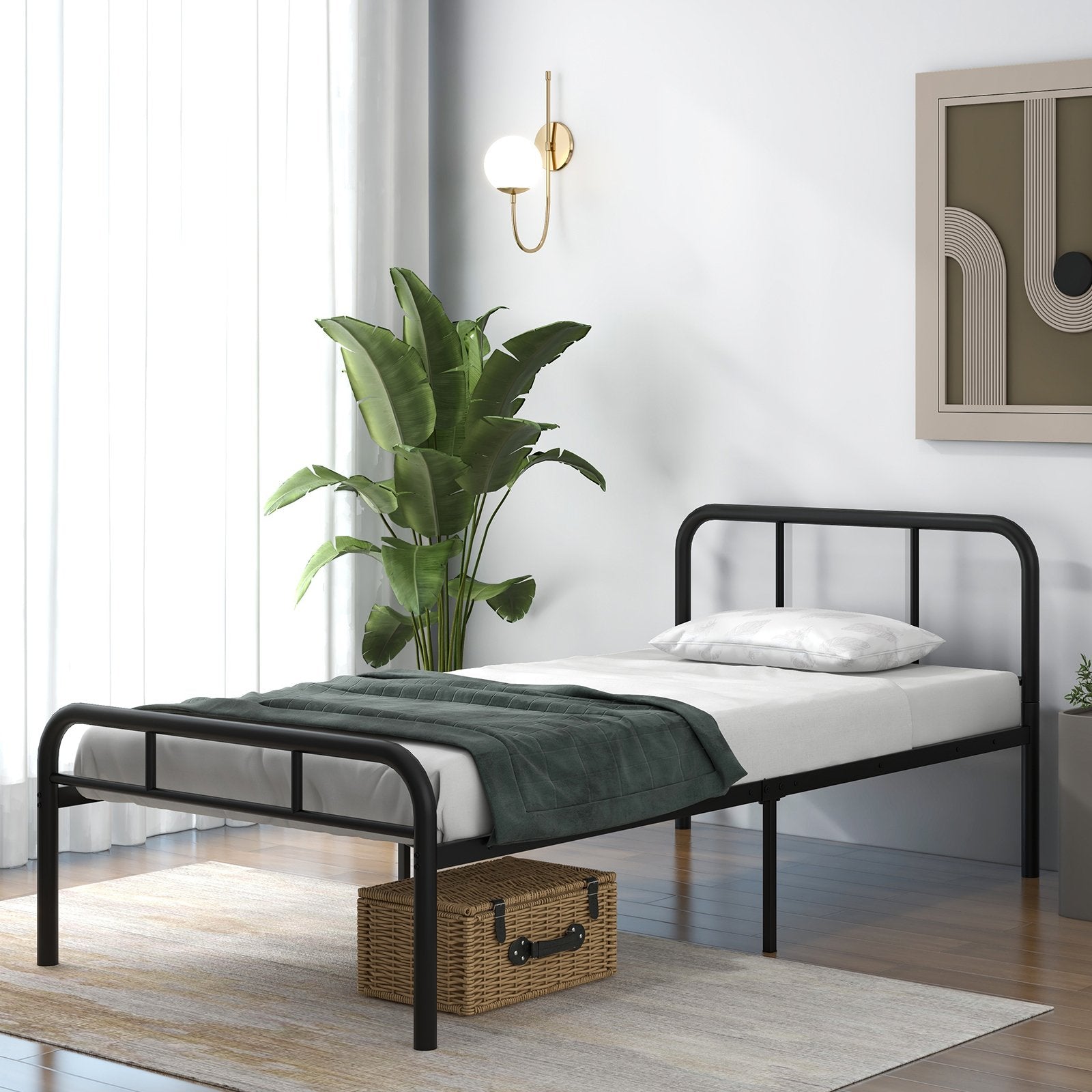 Enkeltsäng – med huvud och fotdel metallsäng sängram metallplattformssäng för madrass – 90 x 200 cm – Svart