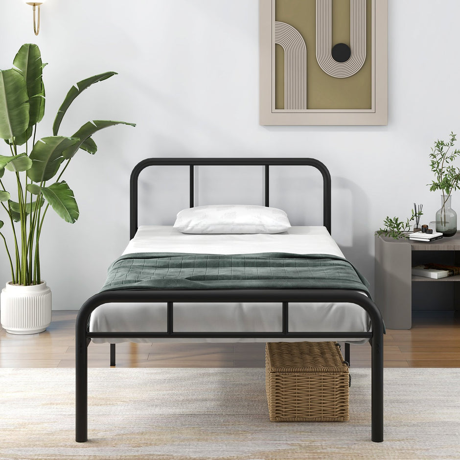 Enkeltsäng – med huvud och fotdel metallsäng sängram metallplattformssäng för madrass – 90 x 200 cm – Svart