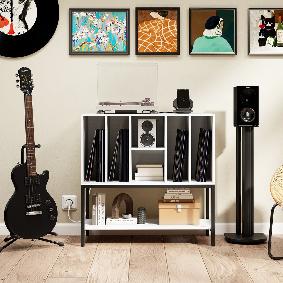 Skivspelareställ – med laddstation och vinylförvaring Sidoskåp Vinyldisplay Hylla – Vit