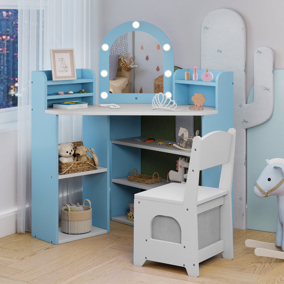 Hörn – sminkbord för barn med spegel och belysning Prinsess stol set – Blå