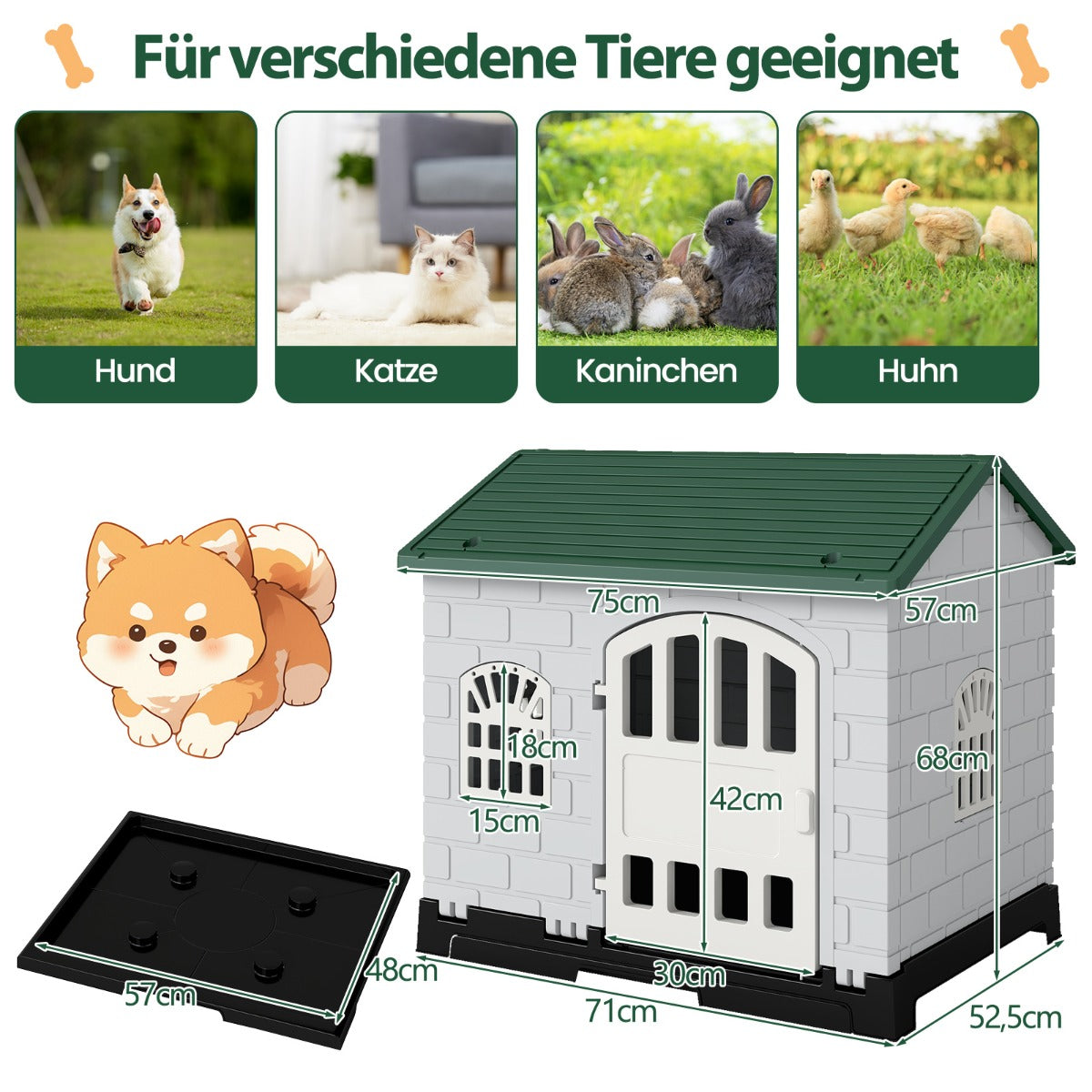 Utomhus – hundkoja med dörr, fönster, uttagbar botten och hundhus Hundbur – 3 – Grön