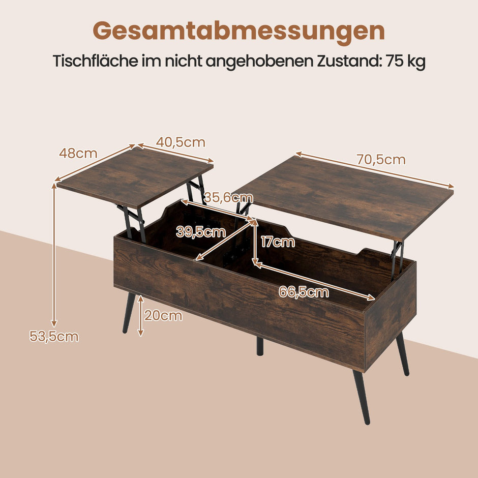 Höj – och sänkbar soffbord med lyftbar bordsskiva dolda förvaringsfack sidobord – 2 – Brun