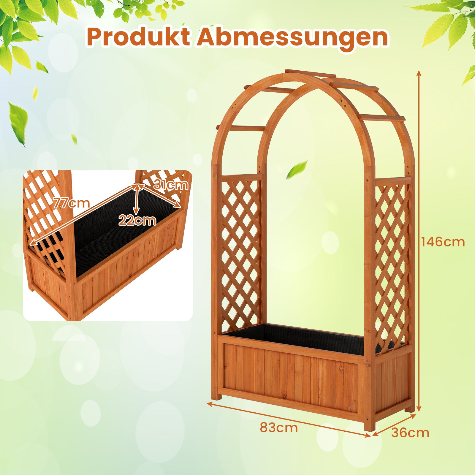 Blomlåda – med spaljé, högbädd och böjd tak, rosenträ planteringslåda, trä – 83 x 36 x 146 cm – Brun