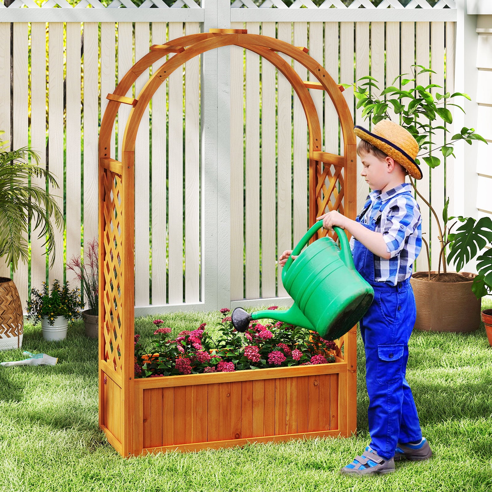 Blomlåda – med spaljé, högbädd och böjd tak, rosenträ planteringslåda, trä – 83 x 36 x 146 cm – Brun