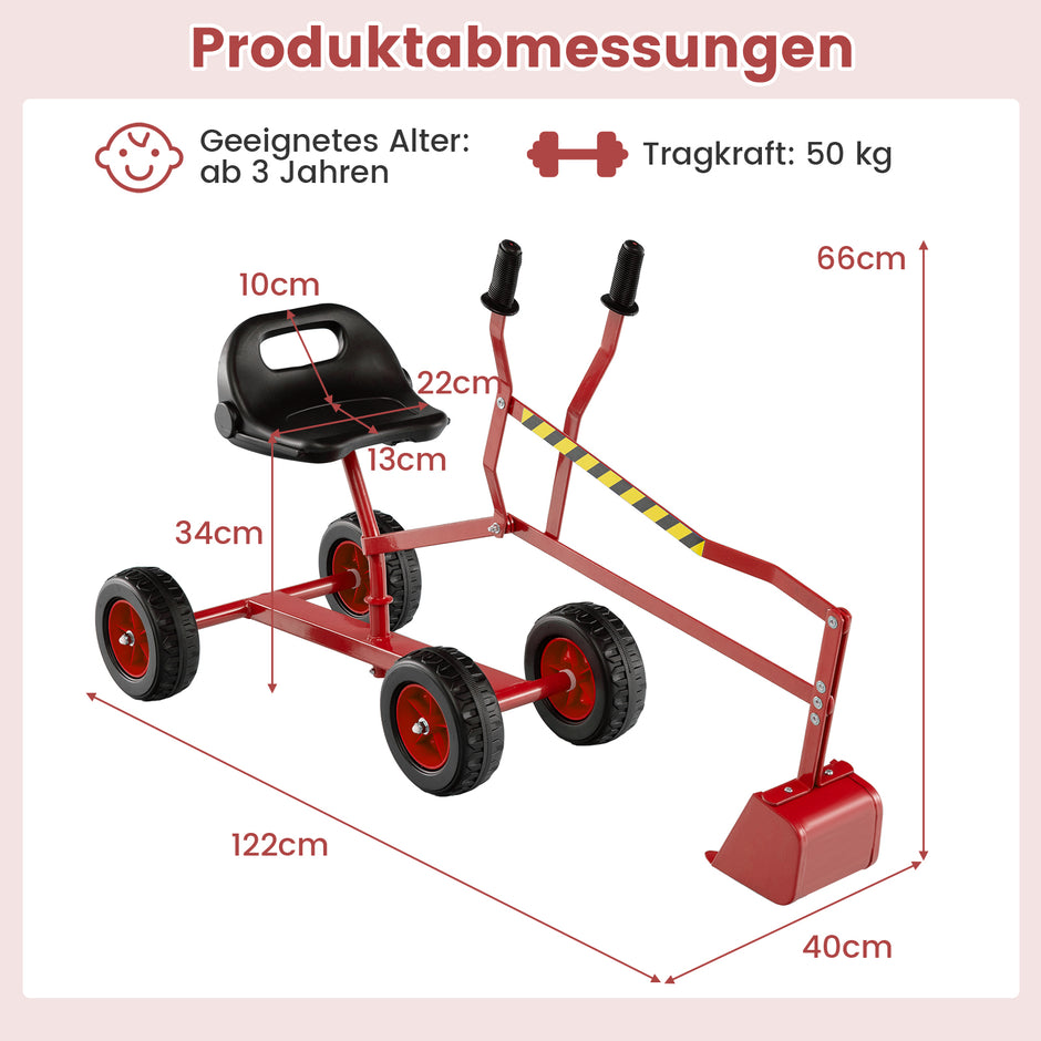 Sittgrävmaskin – 360° roter för att sitta på, metall med skopa och hjul, sandlåda – Röd