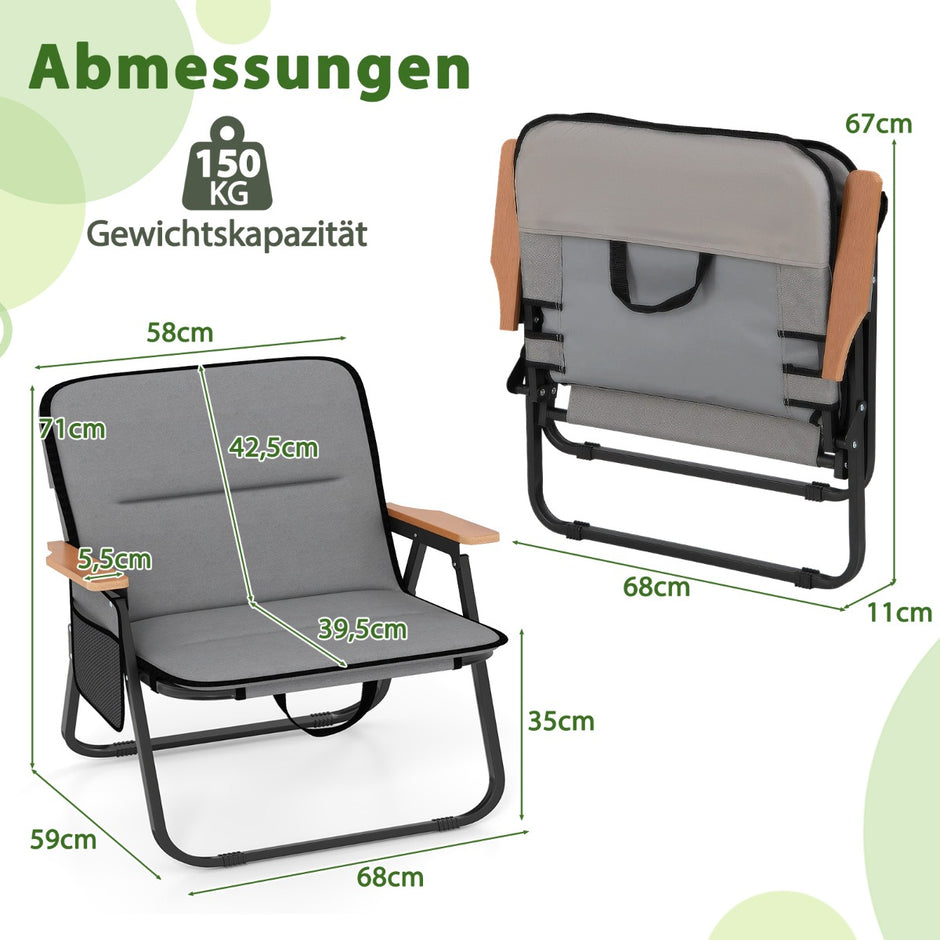 pack – Fällbara Campingstolar med Avtagbart Kudd och Sidoficka Fällstol – 2 – Grå