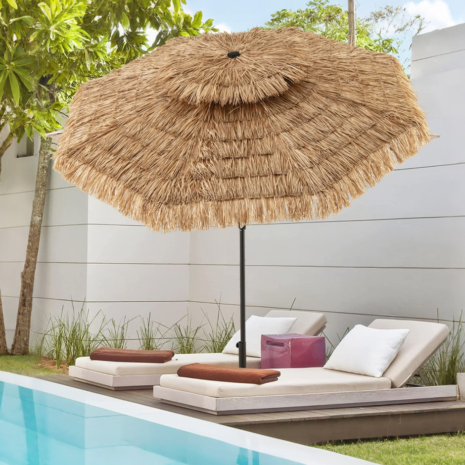 Hög – solskärm i hawaiiansk stil, halmtäckt Tiki terassparasol med ribbor – 8 247 cm – Natur