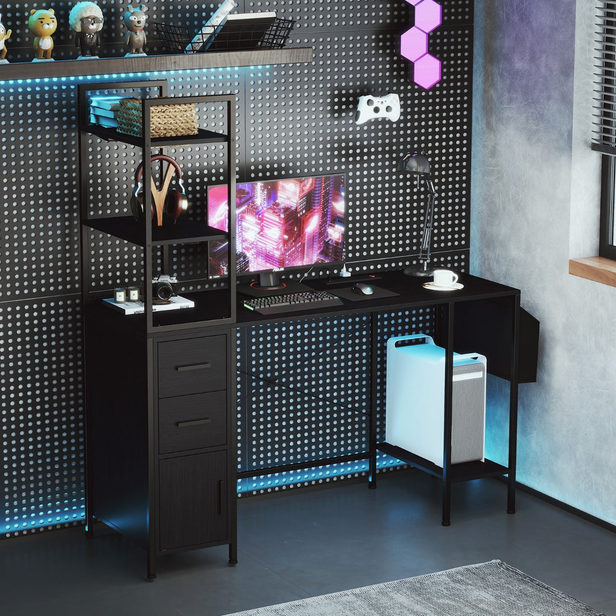 Skrivbord – med laddstation och LED belysning Datorbord Gaming – Svart