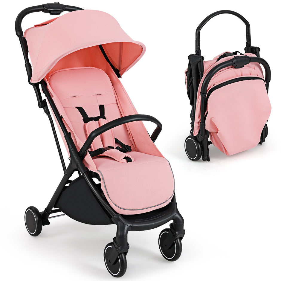 Hopfällbar – barnvagn resebuggy med liggfunktion barnbuggy bärbar justerbart ryggstöd upp till belastning – 15 kg – Rosa