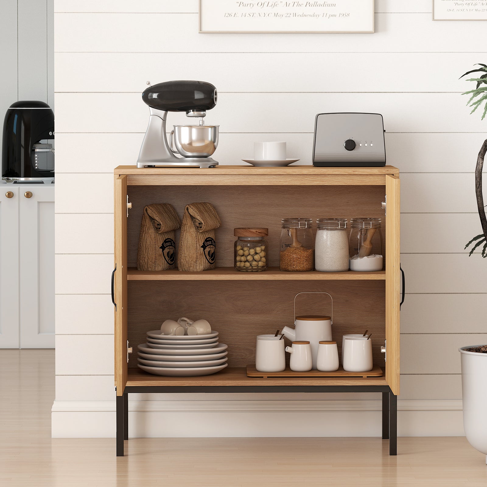Rattan – Skåp med faldigt justerbart hyllsystem och dörrar Boho Buffé Accent – 3 2 – Natur