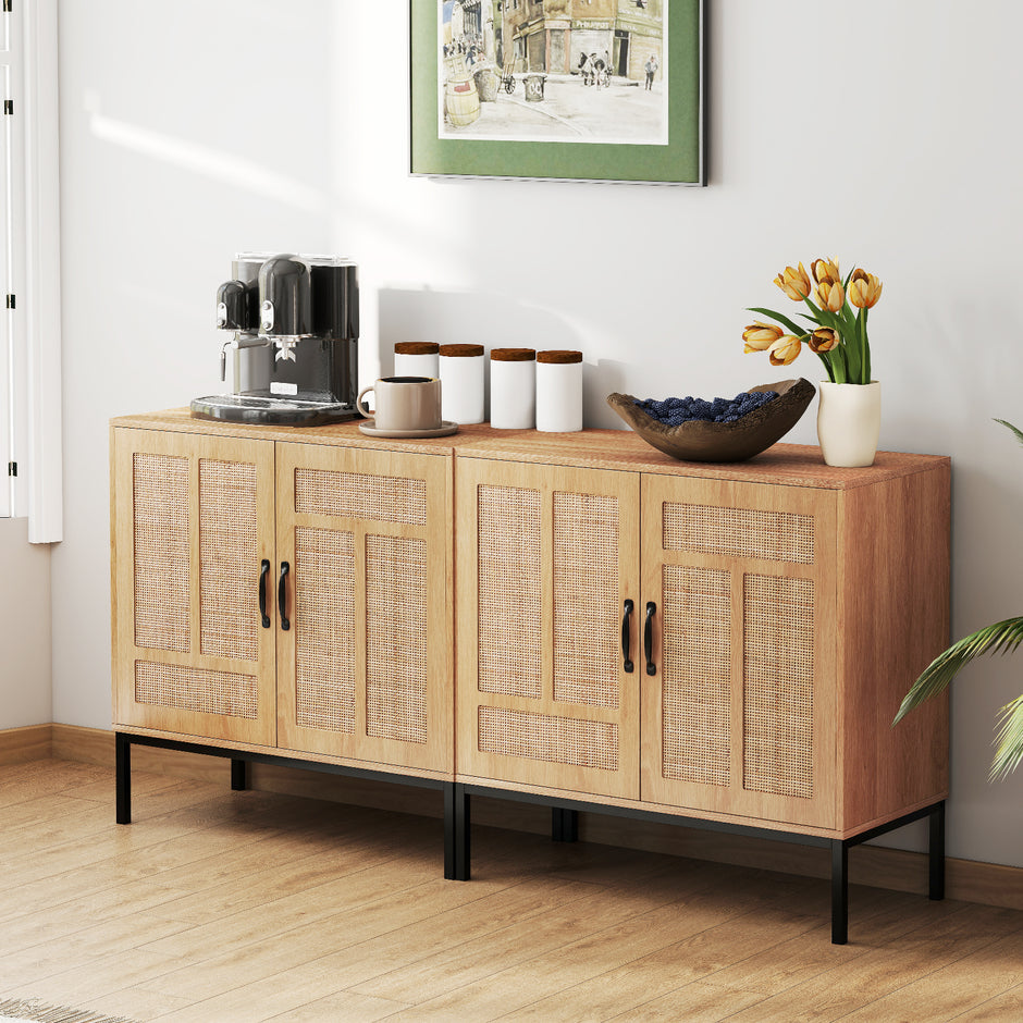 Rattan – Skåp med faldigt justerbart hyllsystem och dörrar Boho Buffé Accent – 3 2 – Natur