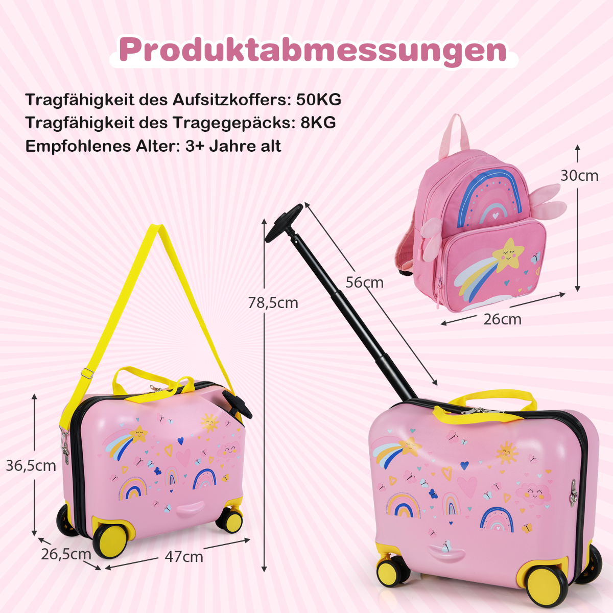 delad – barnväska + ryggsäck lång sittväska och bred stjärna – 2 47 cm 30 cm – Ljusrosa