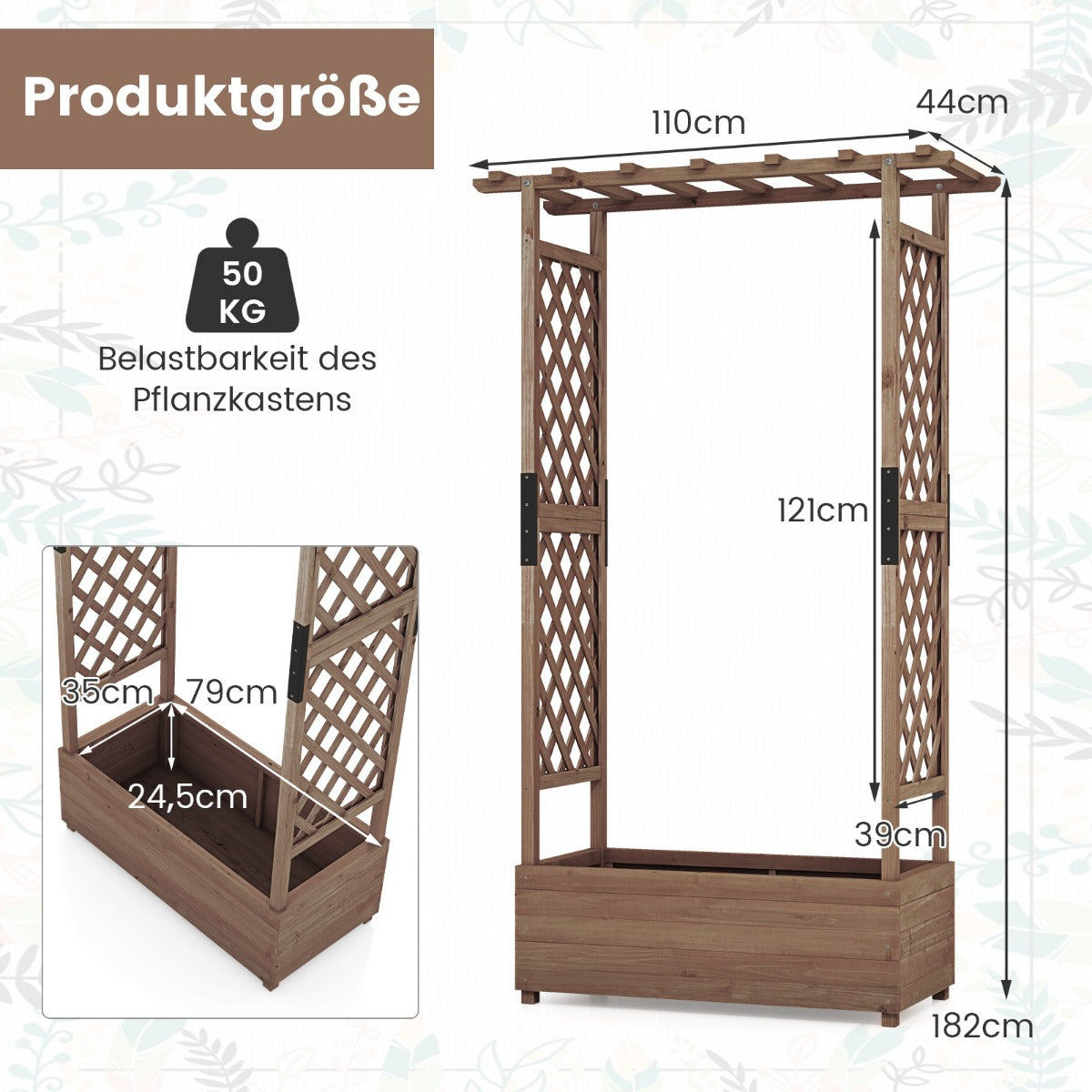 Höjdodling – med spaljé och hängande tak, planteringslåda stöd – 110 x 44 x 182 cm – Brun