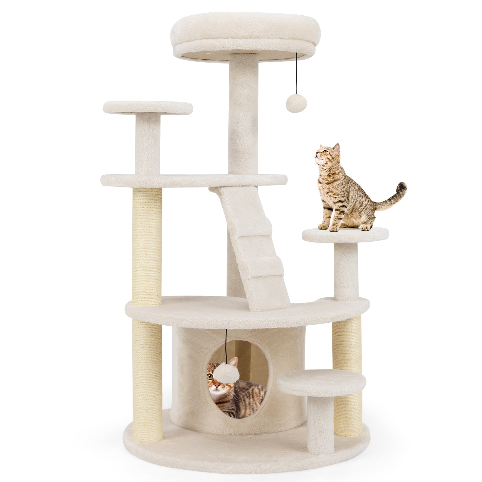 Liten – klösträd med kattgrotta och boll stege i trä – Beige