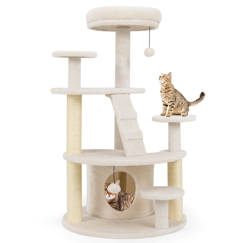 Liten – klösträd med kattgrotta och boll stege i trä – Beige