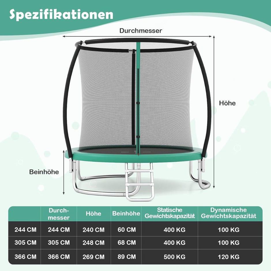 Trampolin – med stege och säkerhetsnät Rundt – Ø 244 cm – Grön