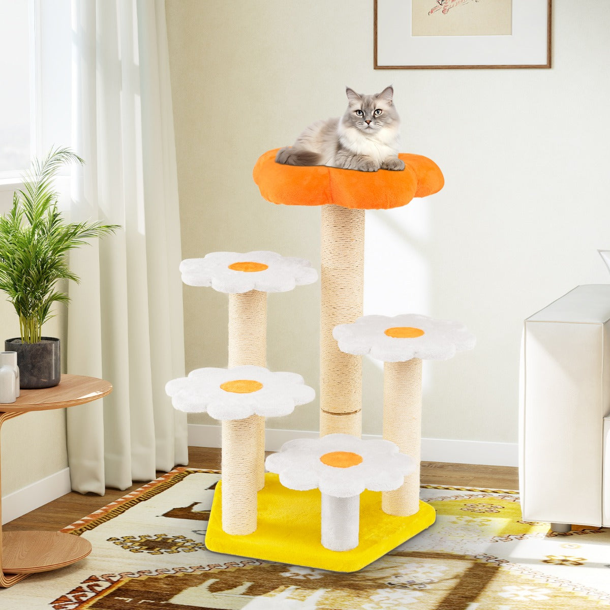 Söt – blomster klösträd för innekatter Kattträd med mysig plyschyta Sisal klöspost – Gul