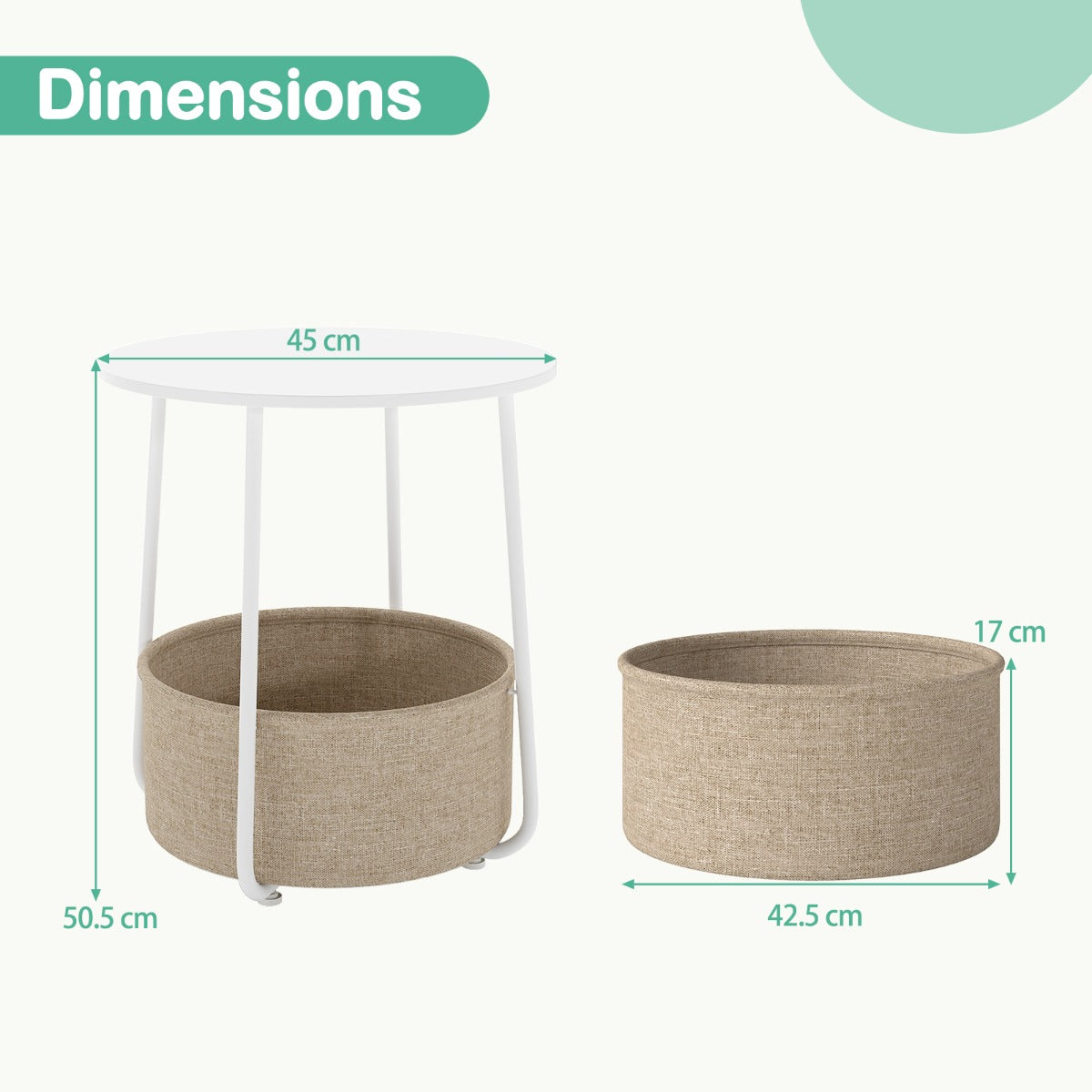 Rund – sidobord med förvaringskorg Litet soffbord Modernt Nattduksbord Vitt – Vit