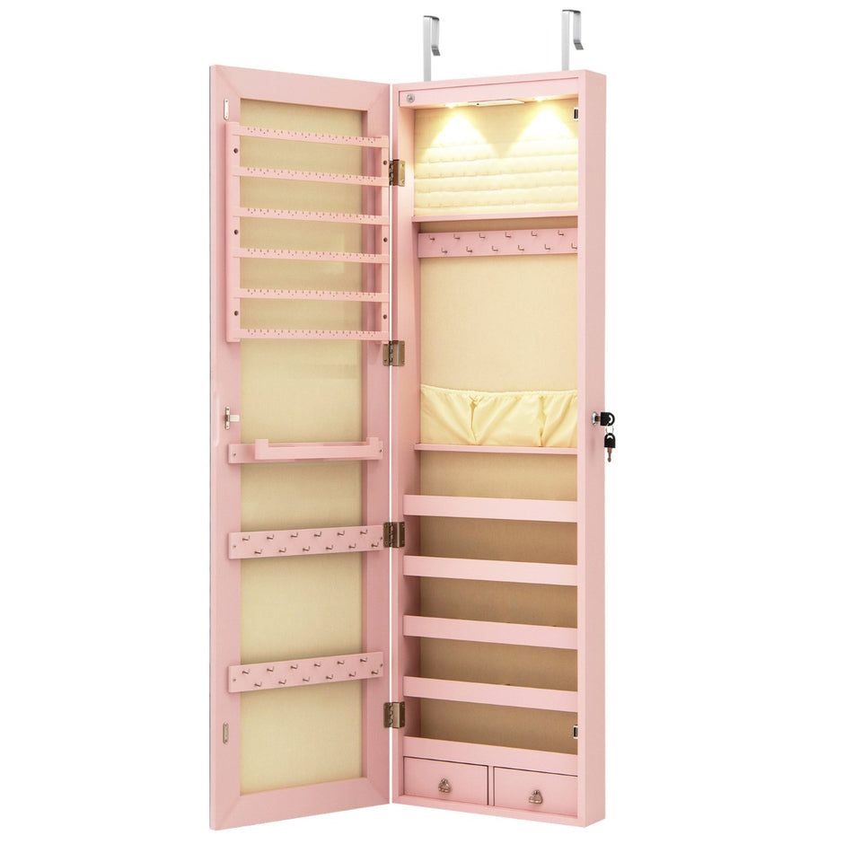 Smyckeskåp – med LED belysning Smyckeshylla spegel Låsbart – Rosa