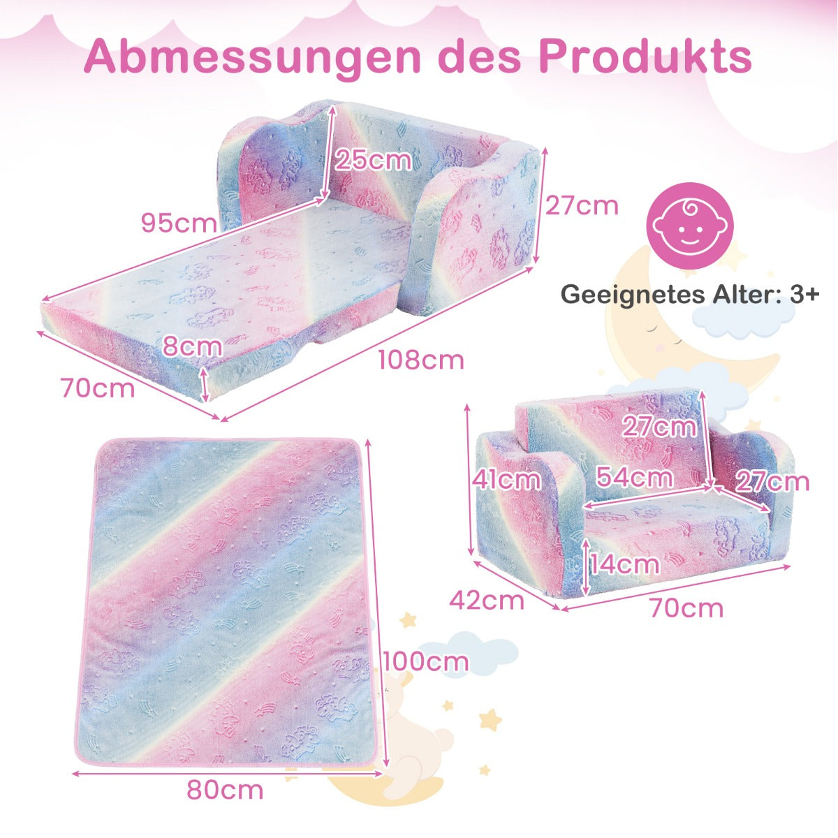 Barnsoffa – med filt i fällsoffa/liggsoffa för småbarn – 2 1 – Regnbåge