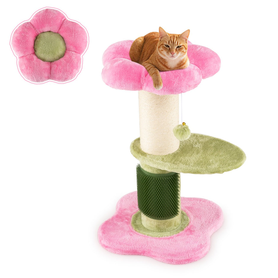 Blommig – kattklätterträd med vadderad plyschsits Litet – 69 cm – Rosa