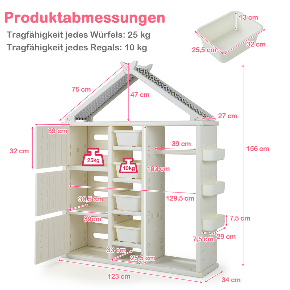 Barnhylla – i husform med klädhängare Barnbokhylla Leksakshylla hyllor – Vit