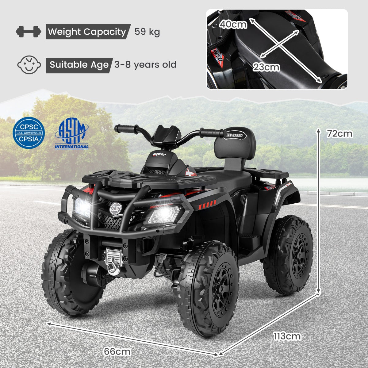 Barn – ATV 24V sitsig hjulig fyrhjuling Elfordon med motorer Mjuk start och fjädring LED lampor Musik – 2 4 4 – Svart