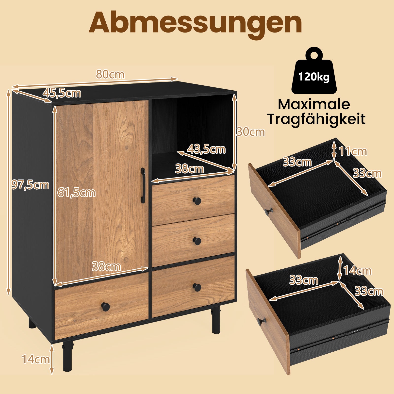 Buffet – sidobord medeltida modern förvaringsskåp med lådor och öppen hylla – 4 – Svart