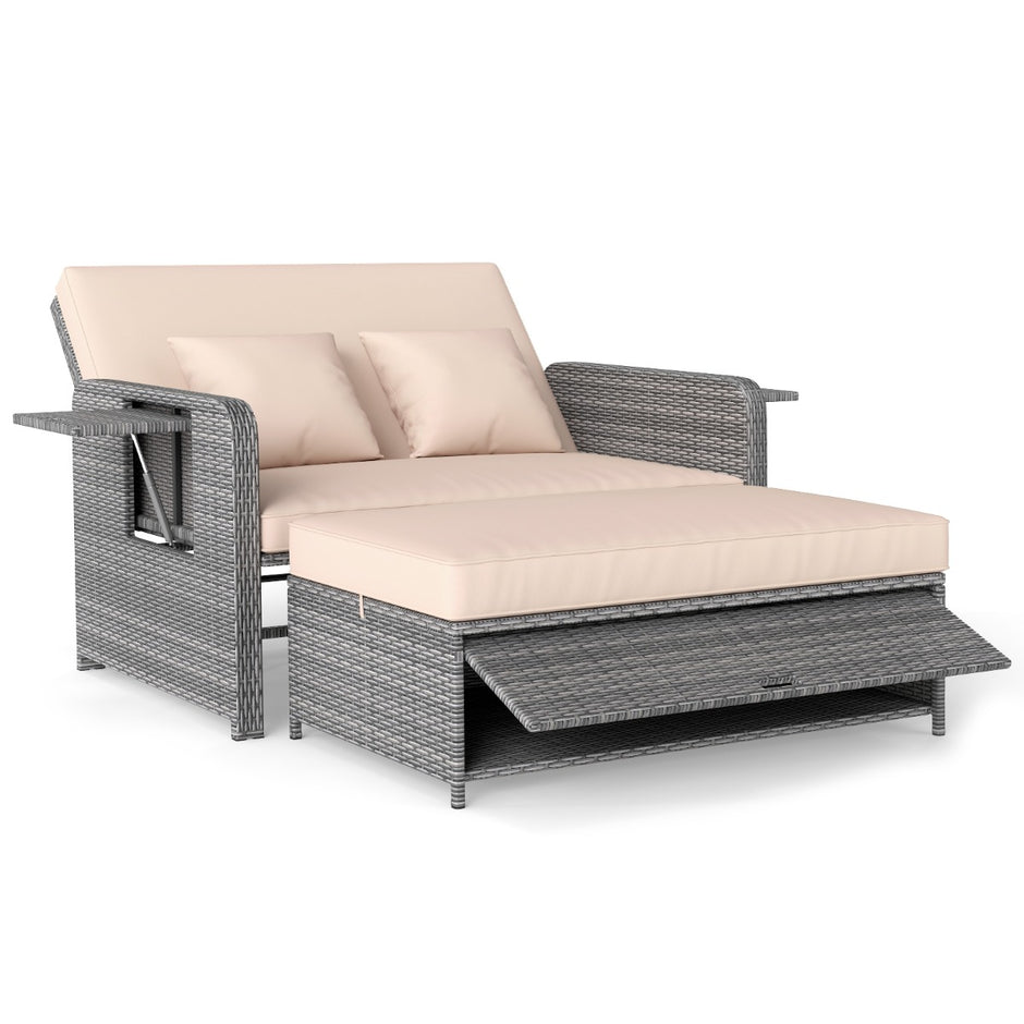 Polyrotting – solstol med justerbar rygg Utfällbart sidobord och loungebädd – Beige