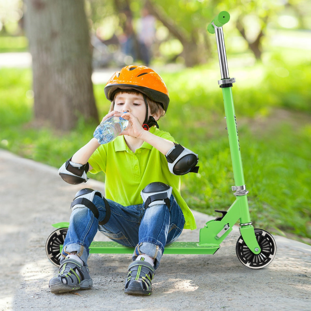 Barnscooter – med LED hjul och hopfällbart styre, höjdjusterbar sparkcykel – Grön