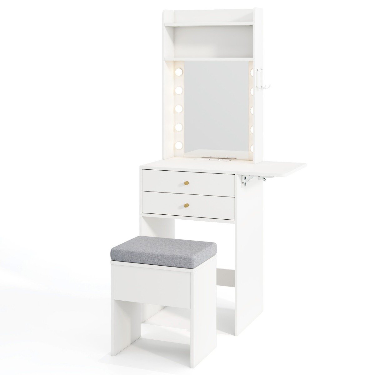 Sminkbord – med belysning Frisyrbord laddstation Puff förvaring – Vit
