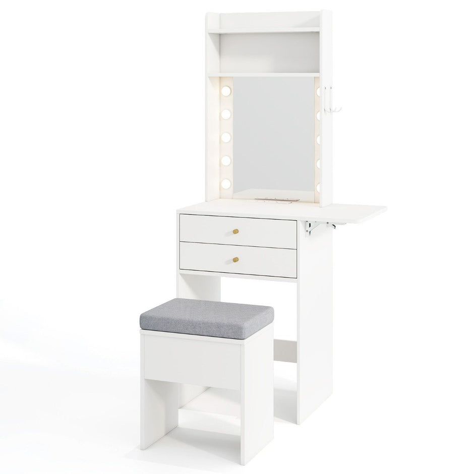 Sminkbord – med belysning Frisyrbord laddstation Puff förvaring – Vit