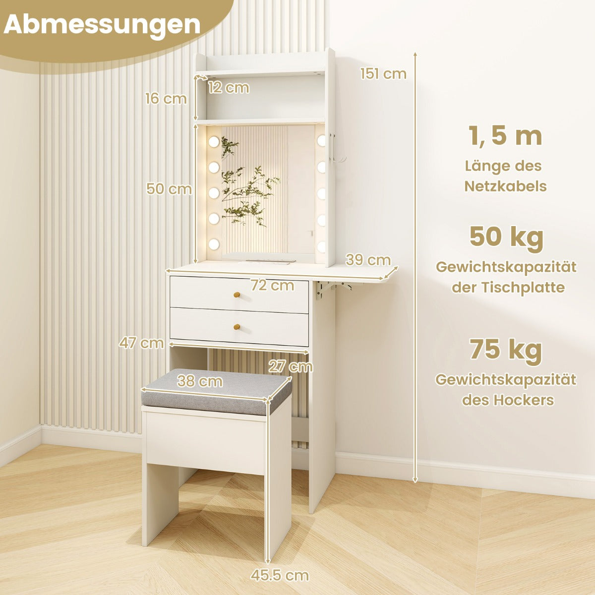 Sminkbord – med belysning Frisyrbord laddstation Puff förvaring – Vit